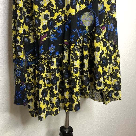 Free People Isabelle black blue yellow floral sheer v neck tunic top size Small - Picture 4 of 16